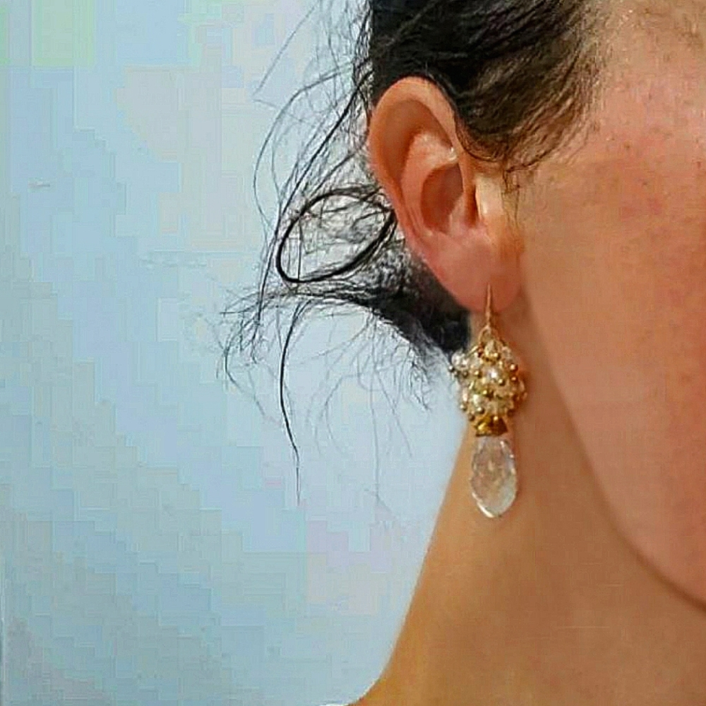 Chandelier style crystal earrings w/seed pearl clusters - Picture 4 of 4